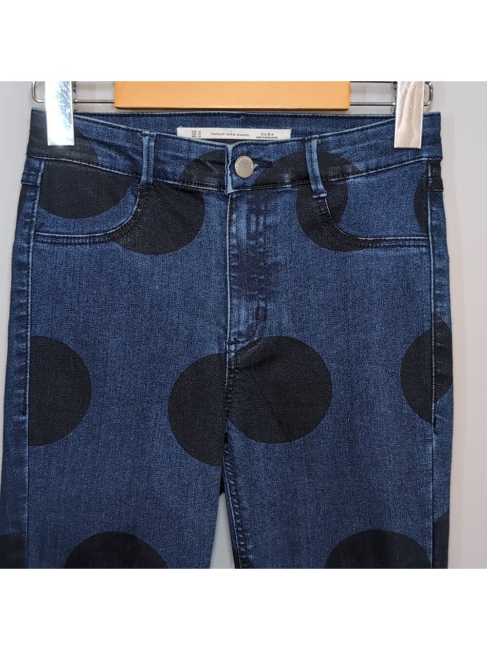 ZARA Trafaluc Denim Makers Polka Dot Skinny Jeans Cropped Blue Black Size 4 - Picture 4 of 10